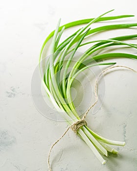 A bunch of green spring onions tied with a rope on a light stone background.