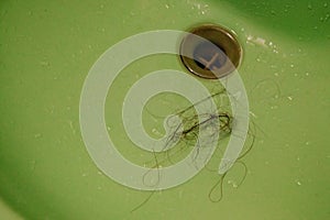 A bunch of hair fell into the sink. Hair loss and hair care.