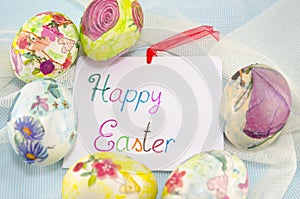 Bunch of handcolored decoupage Easter eggs photo