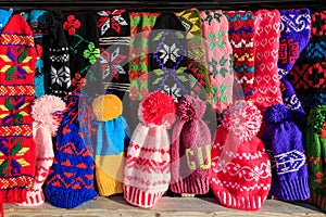 Bunch of handmade colorful woolen socks