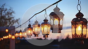 Bunch of Hanging Lanterns on a Line Illuminate the Night