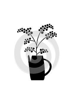 A bunch of herbs and twigs with berries in a vase. Silhouettes of simple twigs, plants. Ceramic pitcher, vase