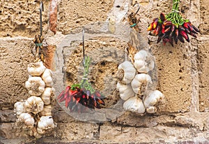 Bunch of hot chili peppers and fresh white garlic hanging on a stone wall