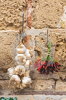 Bunch of hot chili peppers and fresh white garlic hanging on a stone wall