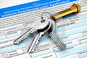 Bunch of house keys on mortgage or loan application form