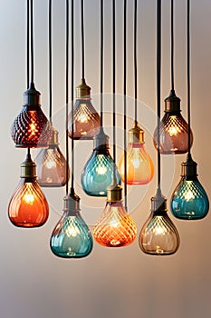 A bunch of isolated Vintage multi color light bulbs hanging from a ceiling.