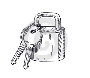 Bunch of keys hanging on ring, attached to padlock. Outlined engraved vintage drawing of lock. Retro-styled detailed