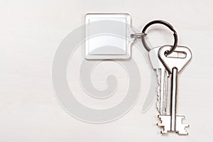 Bunch of keys on keyring with blank white keychain