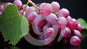 A bunch of large red grapes with leaves and water drops on a dark background. Generated by artificial intelligence