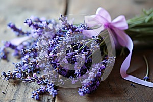 Bunch of lavender tied with lilac ribbon, lying on rough wooden table.