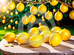 bunch of lemons on a stone table