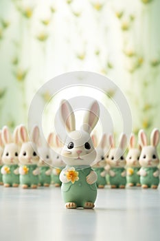 A bunch of little white rabbits with green outfits and a yellow flower, AI