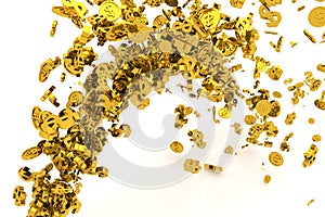 Bunch of money, gold, dollar sign or coins flow from the floor, modern style background or texture.