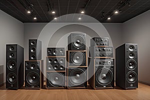 A bunch of music speakers in sound recording studio, professional hi-end loudspeakers, generative ai