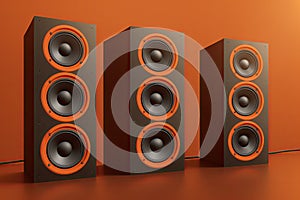 A bunch of music speakers in sound recording studio, professional hi-end loudspeakers, generative ai