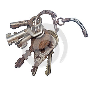 Bunch of old keys on a white background, close up