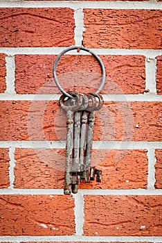 A bunch of old rustic keys. Outdoors.