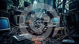 A bunch of old televisions and computers are piled up in a forest, AI