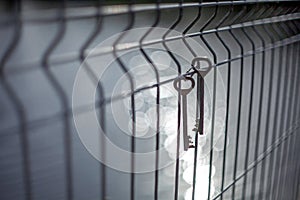 A bunch of old vintage metal door keys hanging on a wire fence with a blurred background and sun highlights on the water