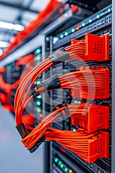 A bunch of orange cables connected to a server in a server room