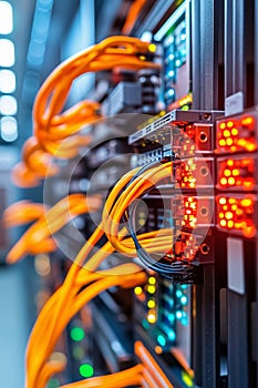 A bunch of orange cables connected to a server in a server room