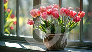 Bunch of Orange Tulips in Vase on Window Sill