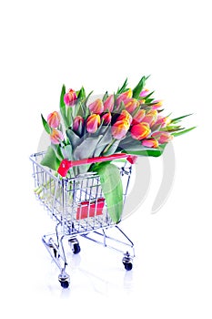 Bunch of Orange-Yellow Tulips in a Shopping-Cart