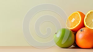 A bunch of oranges, apples and green lemons on a table, AI