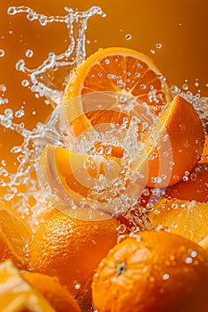 A bunch of oranges are being splashed with water