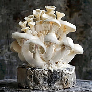 A bunch of oyster mushrooms on a rough cut log.