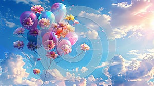 Bunch of party balloons and flowers flying in the sky on a bright day