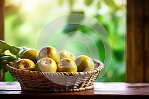 Bunch of passion fruits on the wooden table, Generative AI