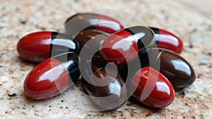 A bunch of pills are on a table with red and black caps, AI