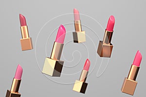 bunch of pink and gold lipsticks mockup product in air on white background. 3d render illustration