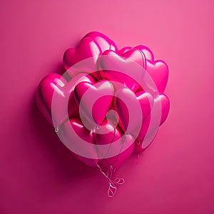 Bunch of pink heart shaped balloons on pink background. generative AI