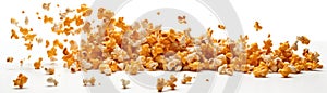 A Bunch Of Popcorn Kernels Flying In The Airon White Background Wde Panoramic. Generative AI