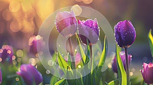 Bunch of purple tulips covered in water droplets