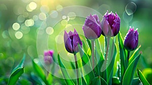 Bunch of purple tulips covered in water droplets