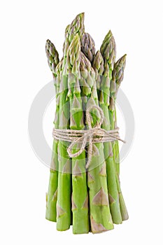 Bunch of raw green asparagus tied with twine Isolated on white background.