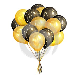 Bunch of realistic black and gold helium balloons photo