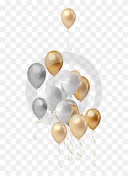 bunch of realistic transparent, golden ballons and gold ribbons, serpentine, confetti. Vector illustration for card, party, design