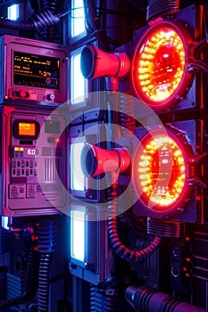 A bunch of red and blue lights in a room