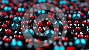 A bunch of red and blue spheres floating in the air