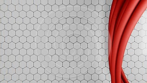 Bunch of red cables twisting over hexagon pattern. Seamless loop background, 4K video.