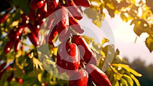 Bunch of red hot peppers hanging from tree with sun shining in the background. Generative AI