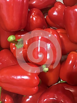 Bunch of red paprika bell peppers.