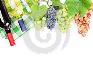 Bunch of red, purple and white grapes and wine