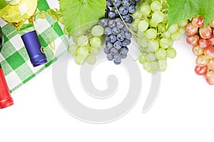 Bunch of red, purple and white grapes and wine bottles