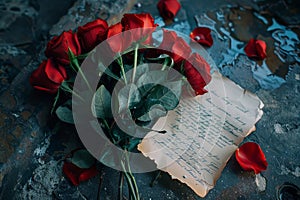 A bunch of red roses placed on top of a piece of paper, possibly a love letter, A bouquet of red roses with a love letter attached