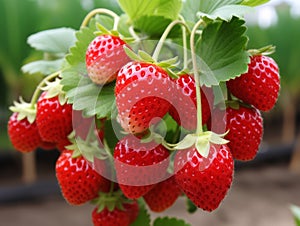 A bunch of red strawberries on a plant